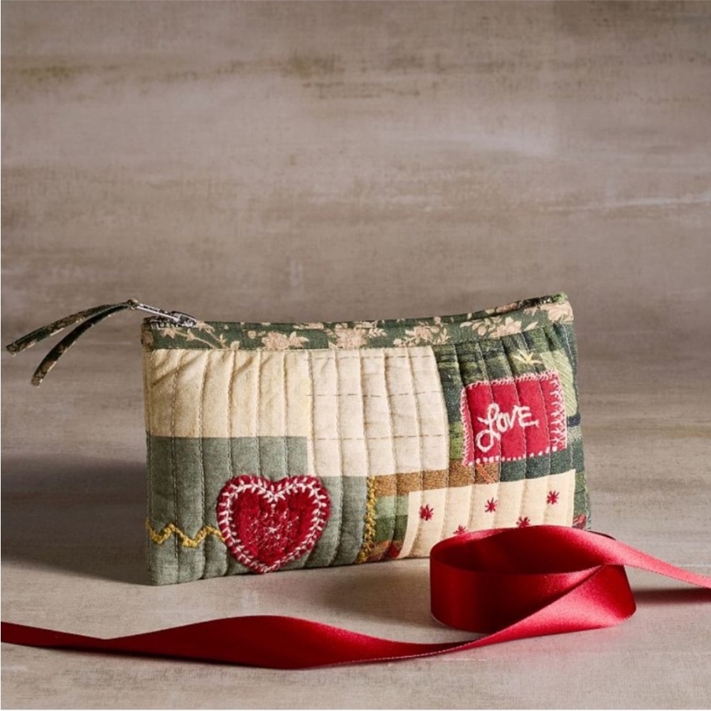 Pottery Barn Quilted Patchwork Pouch - Green, Red, Cream